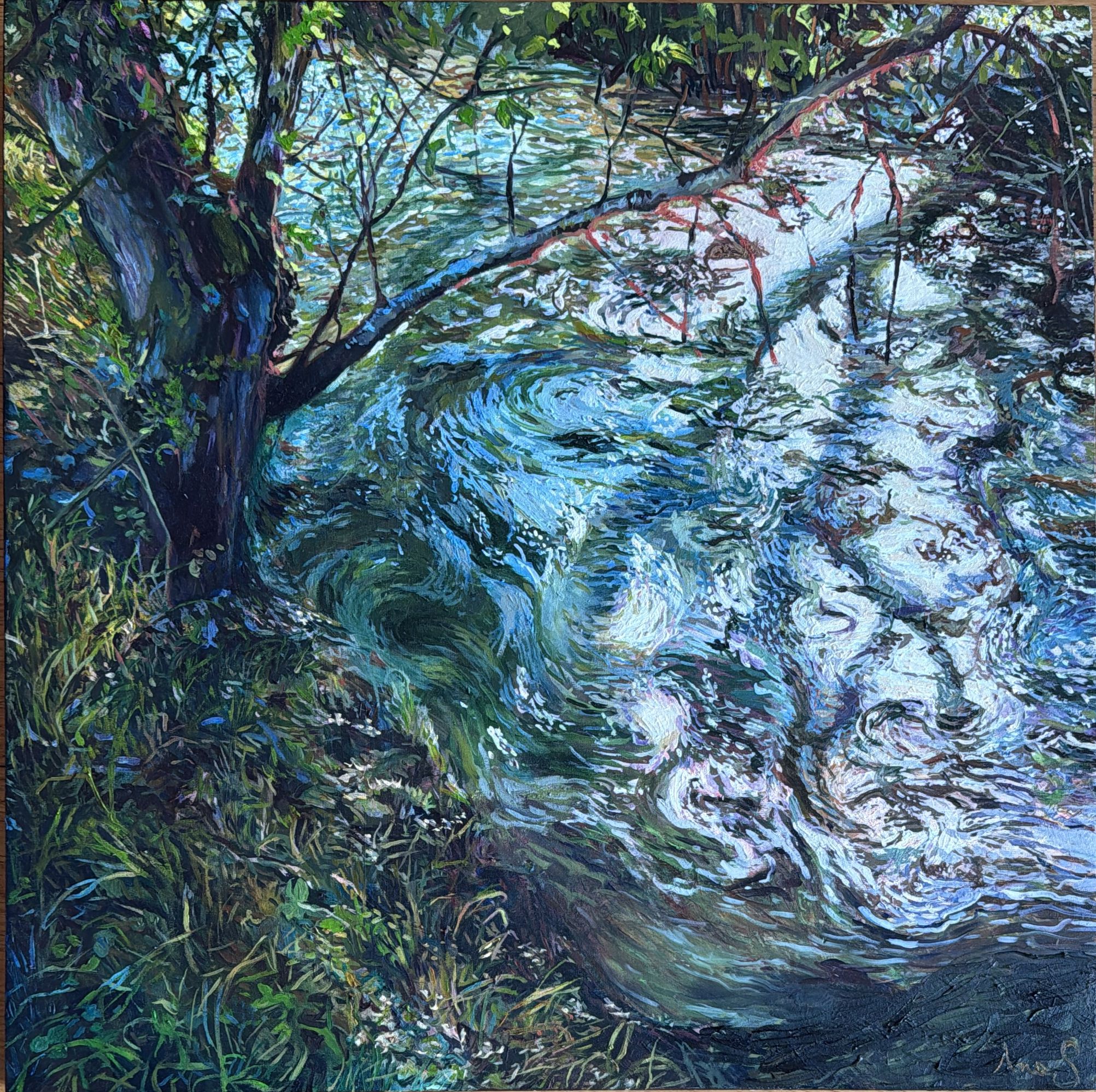 Paisaje al óleo, el agua que gira